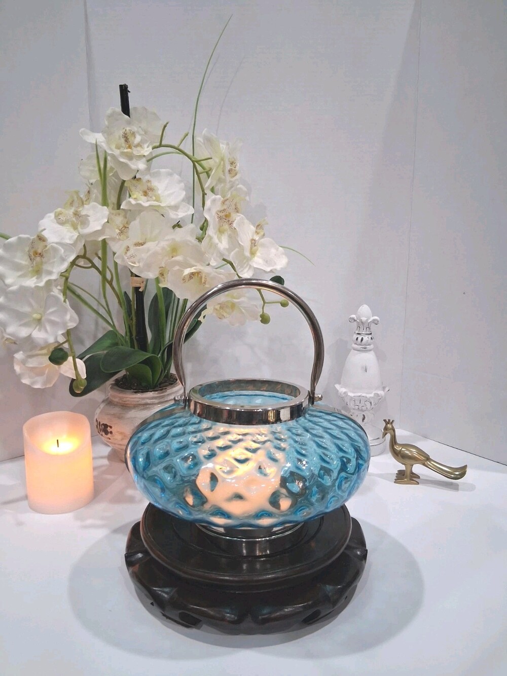 NEW/NOS Turquoise Glass Quilted/Dimple Candle Lantern;Silver Toned Metal Accents